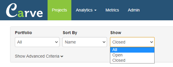 Filter the Carve Project Dashboard