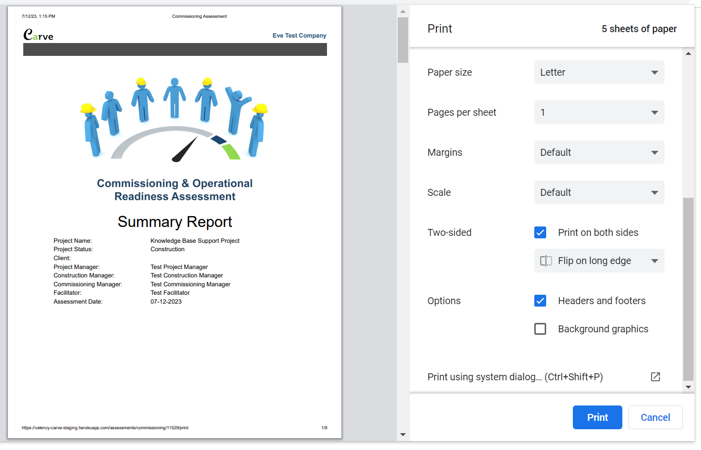 Print Commissioning Report, Headers, & Footers